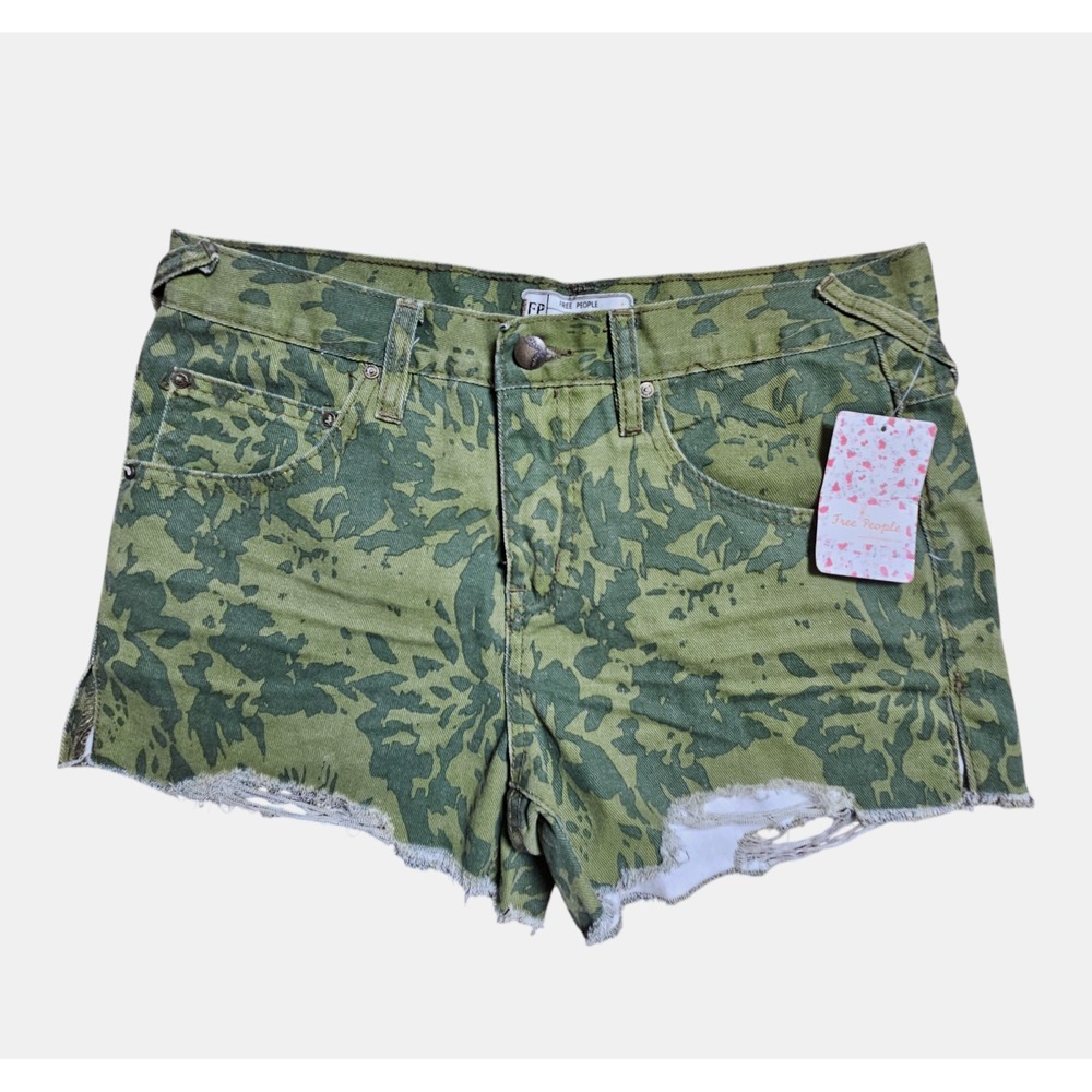 Free People Camo Cutoff Denim Shorts 27 Mid-Rise Raw Hem Boho Military NWT